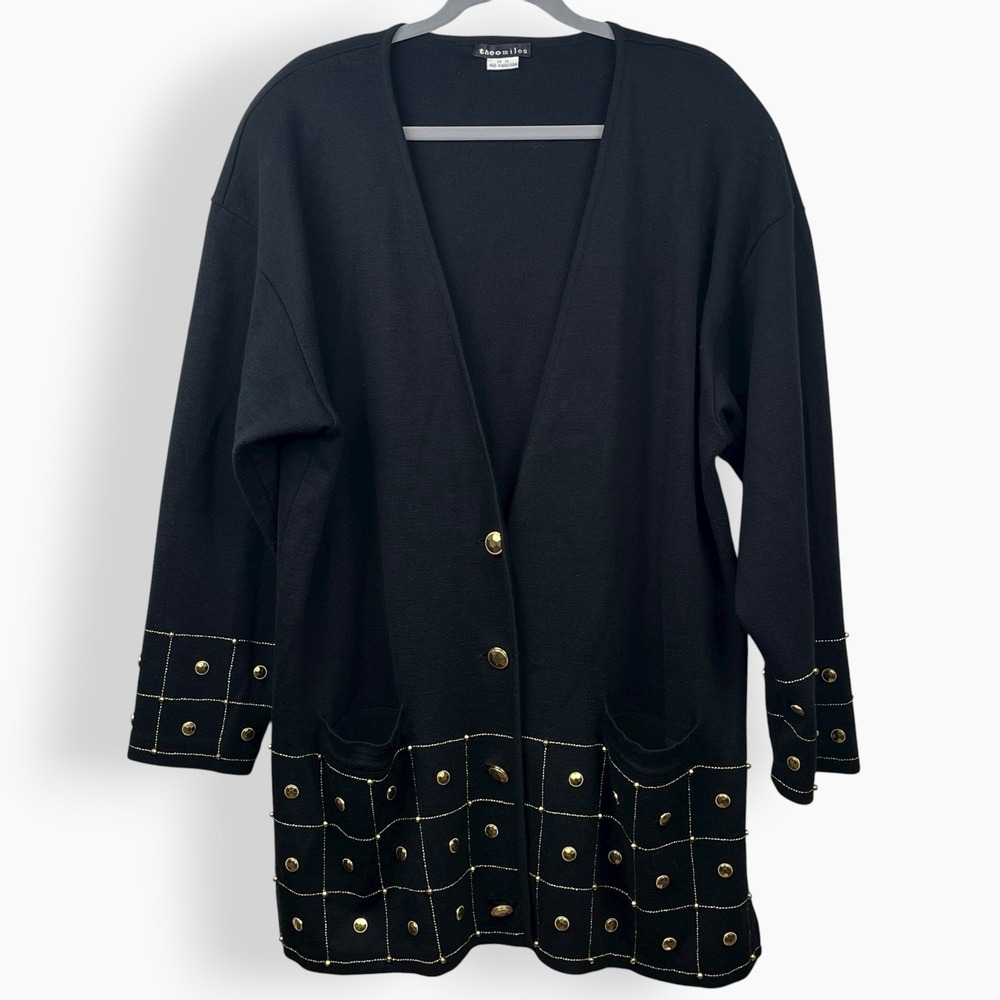 Theomiles Black Sweater Cardigan Women's Plus Size‎ 2X Vintage Knit Gold Beaded